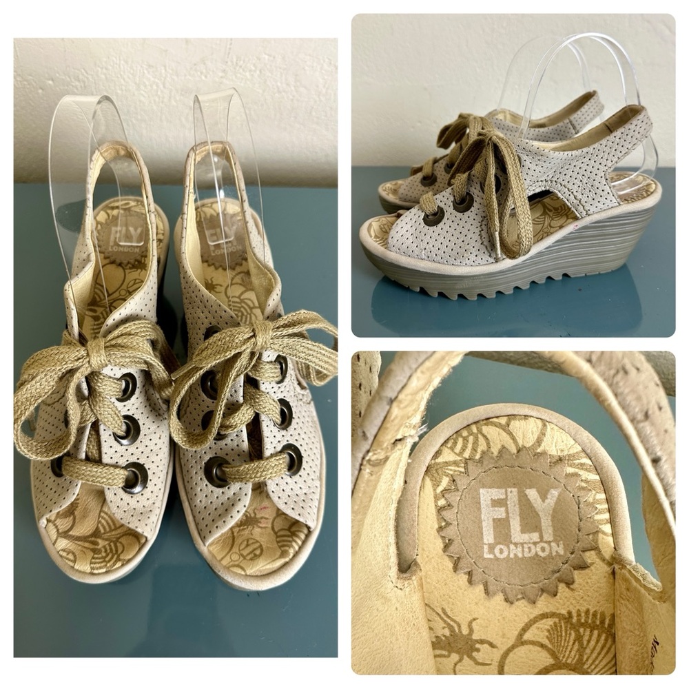 FLY LONDON 'Ylfa' Gray Perforated Wedge Lace Up Sandals SIZE 38 US 7-7.5 EUC!